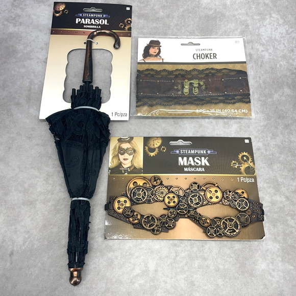 New Steampunk Adult Costume Accessory Lot Choker Mask Parasol Halloween Cosplay - Picture 1 of 7